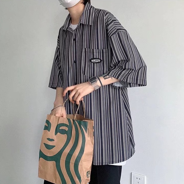 Áo Sơ Mi Tay Ngắn Dáng Rộng Họa Tiết Kẻ Sọc Thời Trang Retro Nhật Bản Cá Tính Cho Nam