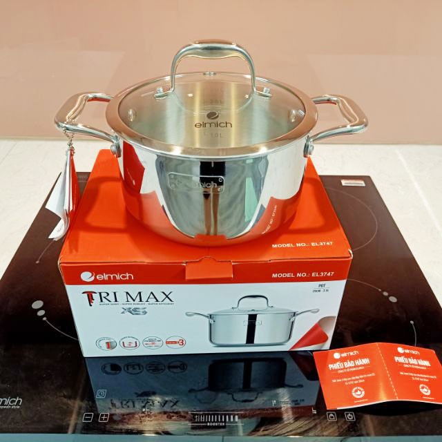 Bộ nồi và chảo 4 món Inox 304 cao cấp 3 lớp đáy liền Elmich Trimax XS EL-3744 size 18, 20, 24, chảo chống dính 26cm