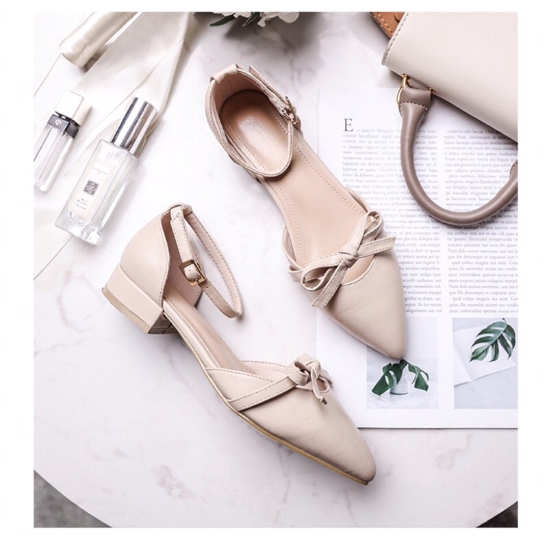 Giày búp bê nữ gót thấp kiểu dáng buộc nơ hai màu, SB32 - November House
