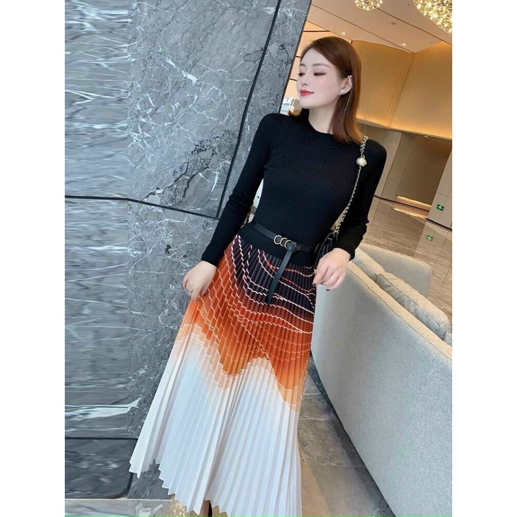 Hàng QC - Đầm xòe len phối chân váy lụa dập ly ombre sang chảnh - BH71