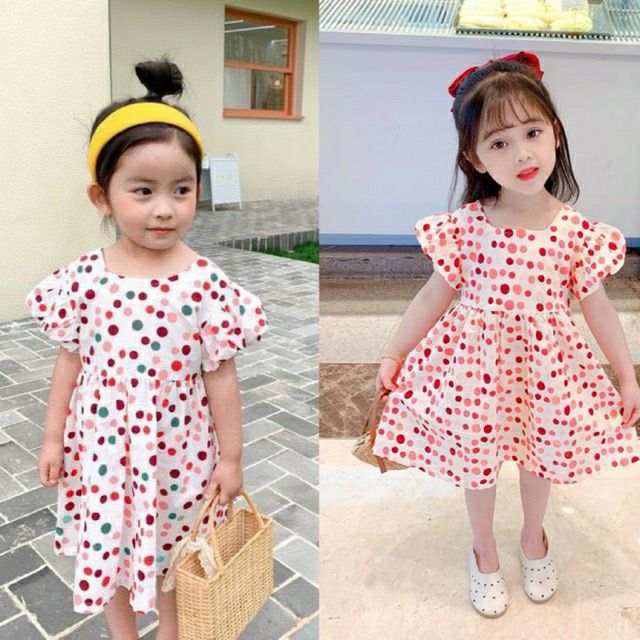 BÁN SỈ VÁY CHẤM BI ĐỎ HỒNG VAI BỒNG BÉ GÁI