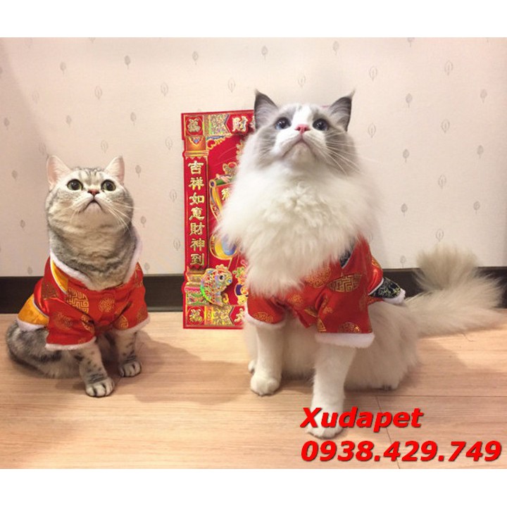Áo Tết Cho Chó Mèo Kiểu Gấm Sườn Xám Xanh Đỏ chất liệu vải gấm, màu đỏ viền xanh - SP000279