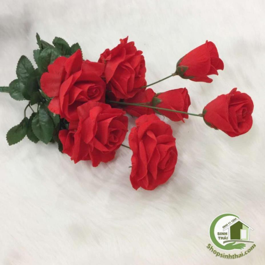Bụi hoa hồng giả, hoa hồng vải lụa cao cấp cỡ lớn gồm 10 bông to cao 50cm