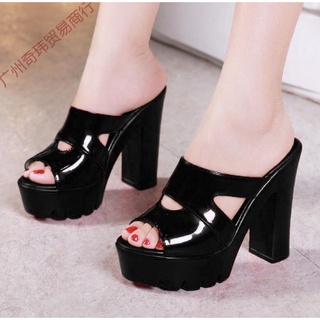 Dép cao gót đế thô khuyết eo 9f