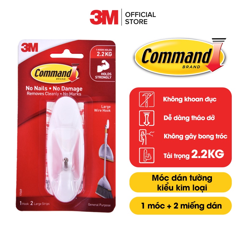 Móc dán tường đầu kim loại Command 3M vỉ 1 cái cỡ lớn chịu lực 2.2kg 17069