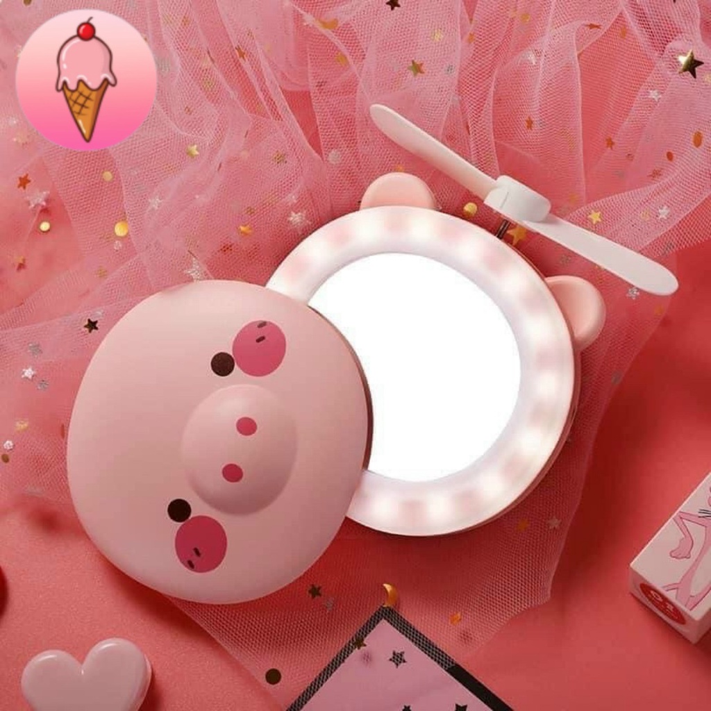 Gương Lợn Đèn Led Kèm Quạt Tích Điện 3 In 1 Siêu Cute - S01K86