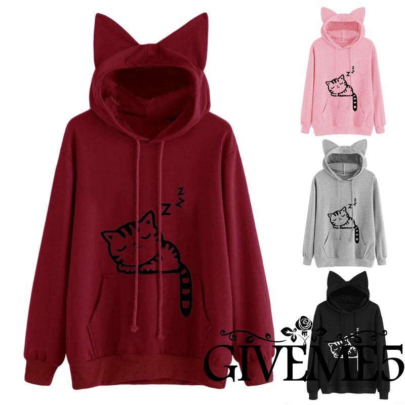 ♨♨-Women Long Sleeve Hooded Pullover Size S, M, L, XL, XXL)