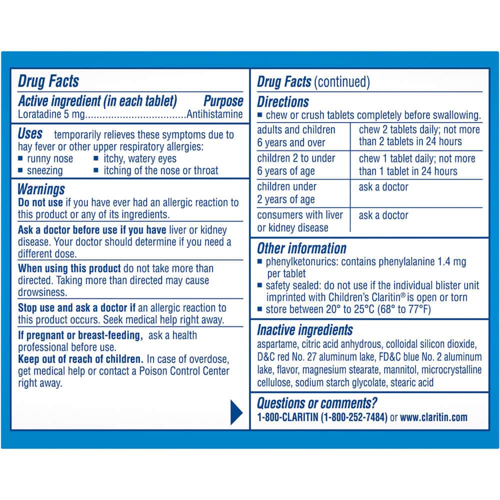 Viên nhai chống dị ứng cho bé Claritin Chewables 5 mg Non-Drowsy 24 Hour 60 viên