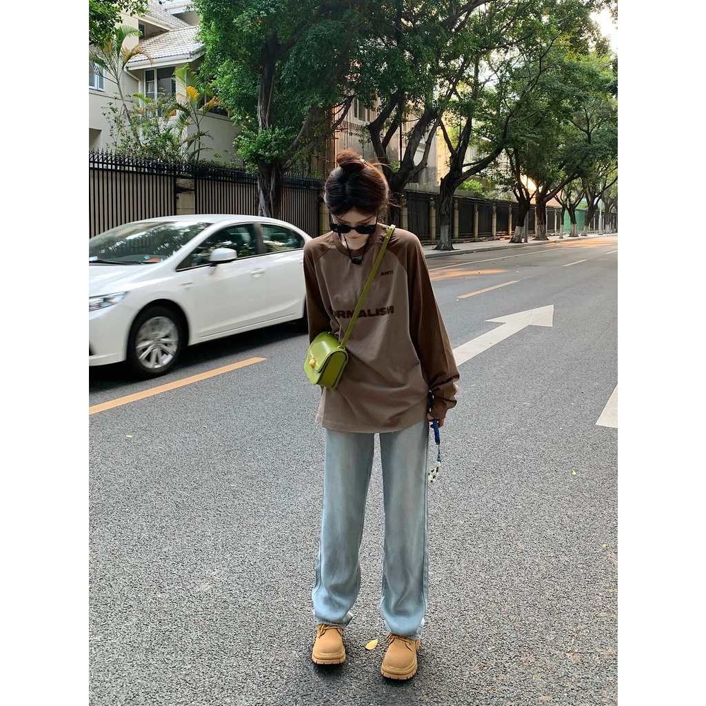 Áo Thun Nữ Tay Dài Dáng Rộng In Chữ Phong Cách retro Mỹ