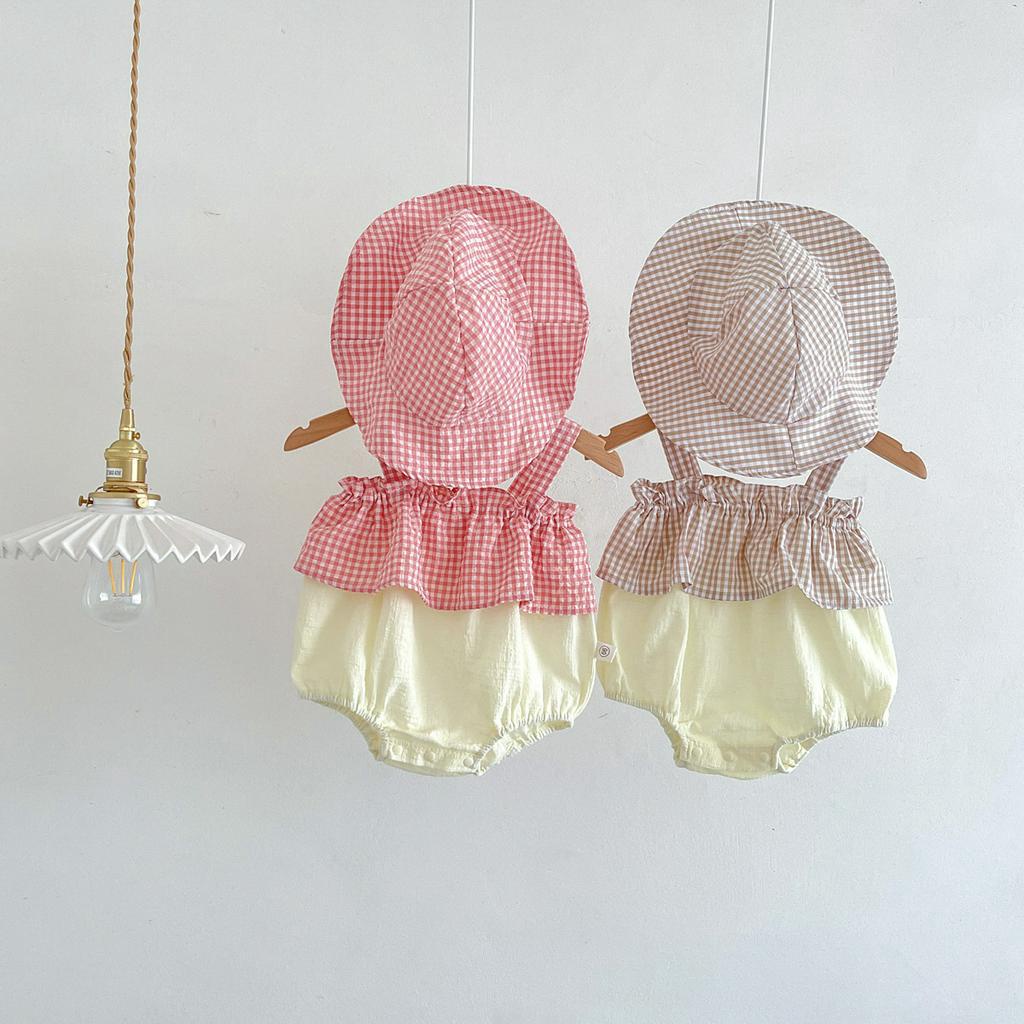 Áo liền quần Cotton Kẻ SọC Caro + Mũ Cho Bé GáI