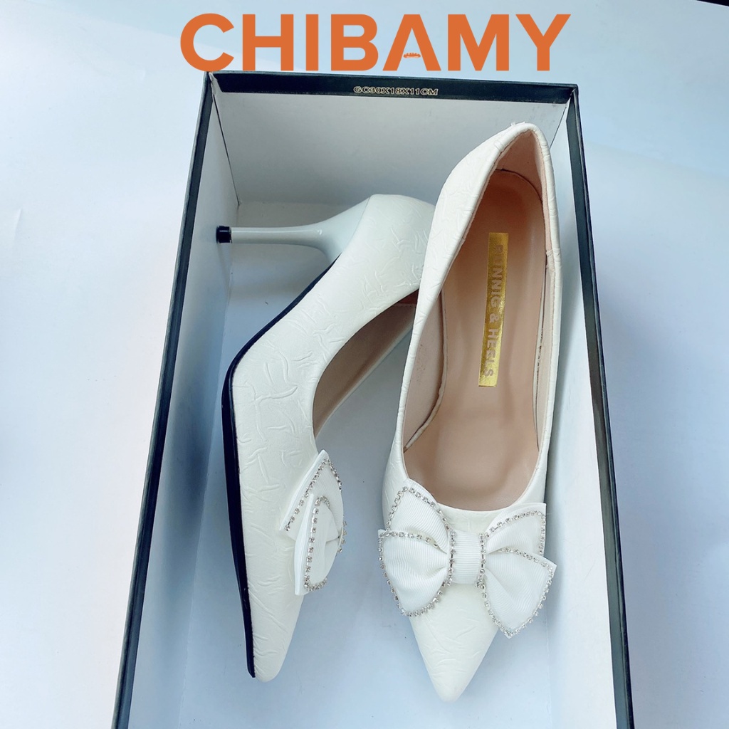 Giày cao gót mũi nhọn nữ đính nơ da nhăn CHIBAMY mã CG04, Giày gót nhọn 8cm đi tiệc, giày cưới cô dâu