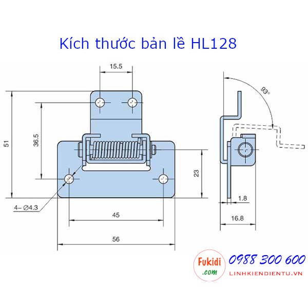 Bản lề tủ điện lò xo Hengzhu HL128, chiều dài 56mm chất liệu thép mạ kẽm