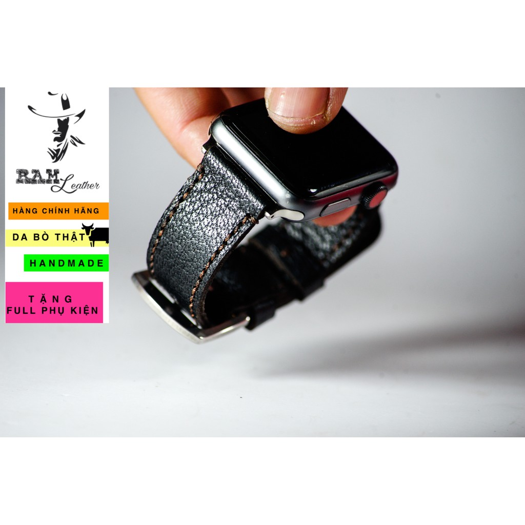 Dây đồng hồ Apple Watch , Iwatch , Iphone Watch Da Dê Đen Vân Alran RAM Leather 1955  Bền Đẹp