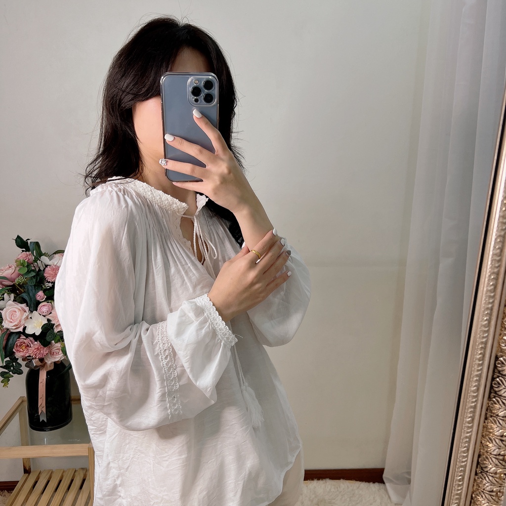 Áo sơ mi nữ babydoll tay bồng cổ rút dây Ulzzang hàng qc