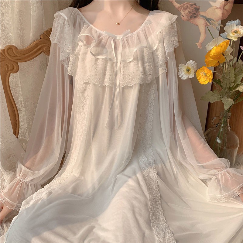 Váy ngủ tay dài phối ren tiểu thư vintage retro