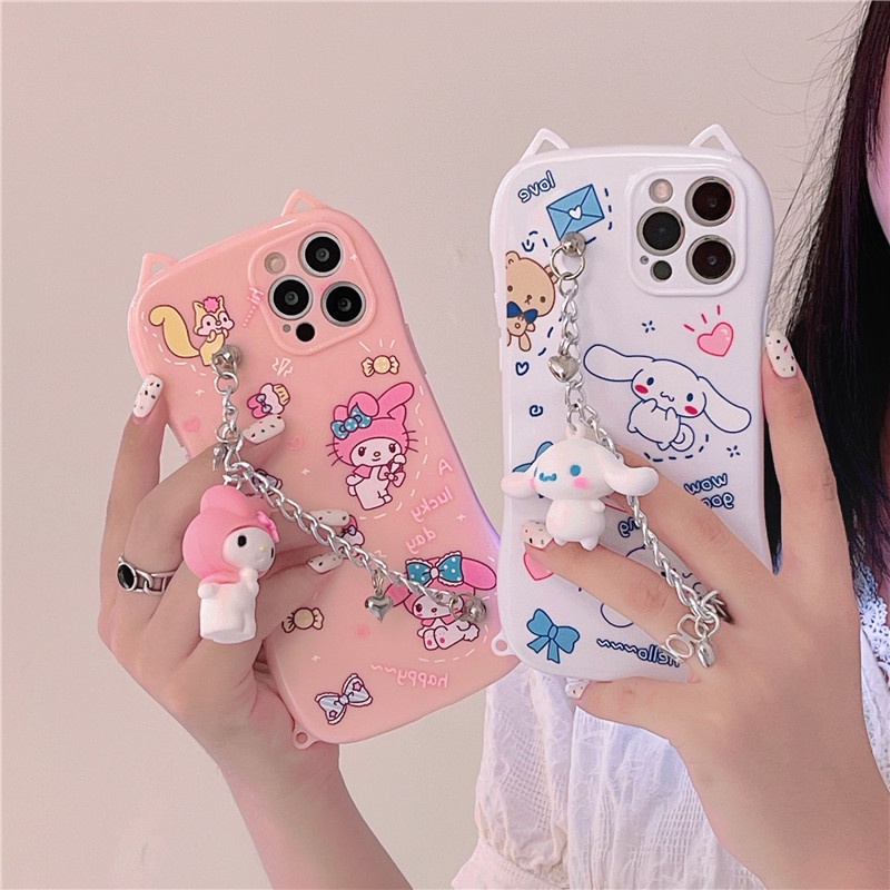 Ốp điện thoại phối tai mèo và dây đeo cổ tay cho Iphone 11 12 12promax 7plus X Xs Max Xr 7 8 Se2020