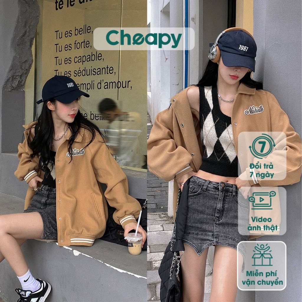 Áo khoác bomber nỉ nam nữ thêu Paris freesize Cheapy màu nâu be mặc đôi unisex phom rộng bo dệt hàn quốc C671