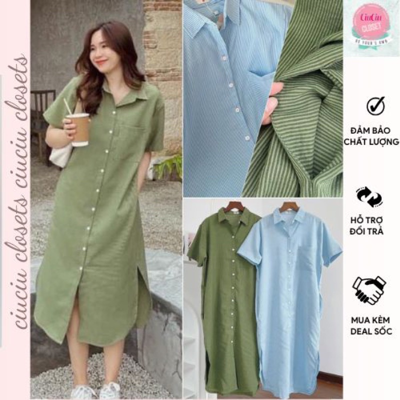FABRI DRESS Đầm Midi Cổ Sơ Mi Tay Ngắn Dáng Suông Kẻ Sọc Xẻ Vạt 2Màu