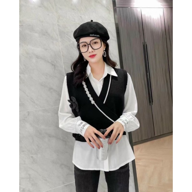 Sét áo sơmi +áo gile len hoa hàng QCL1