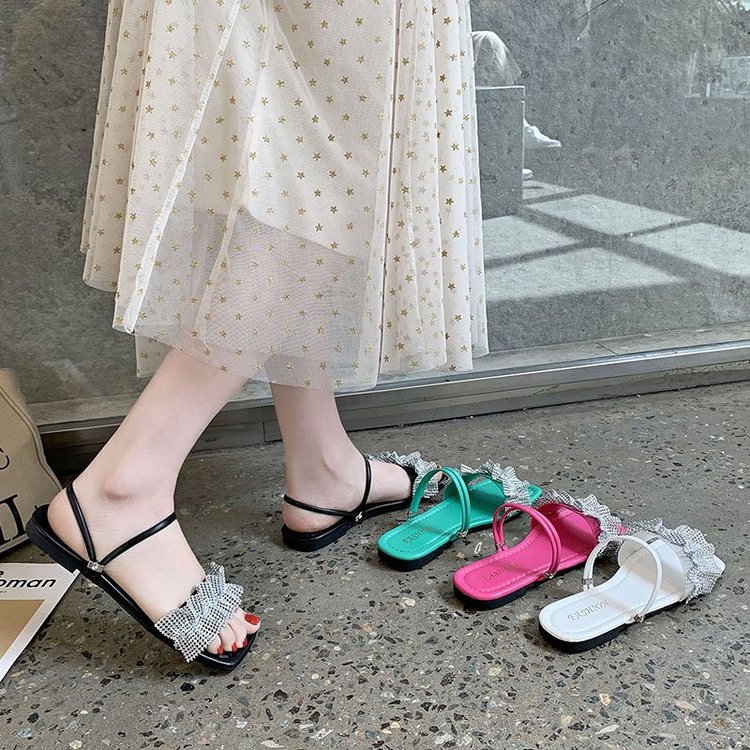 Square Head Metal Decoration Double Belt Two Wear Flat Sandals