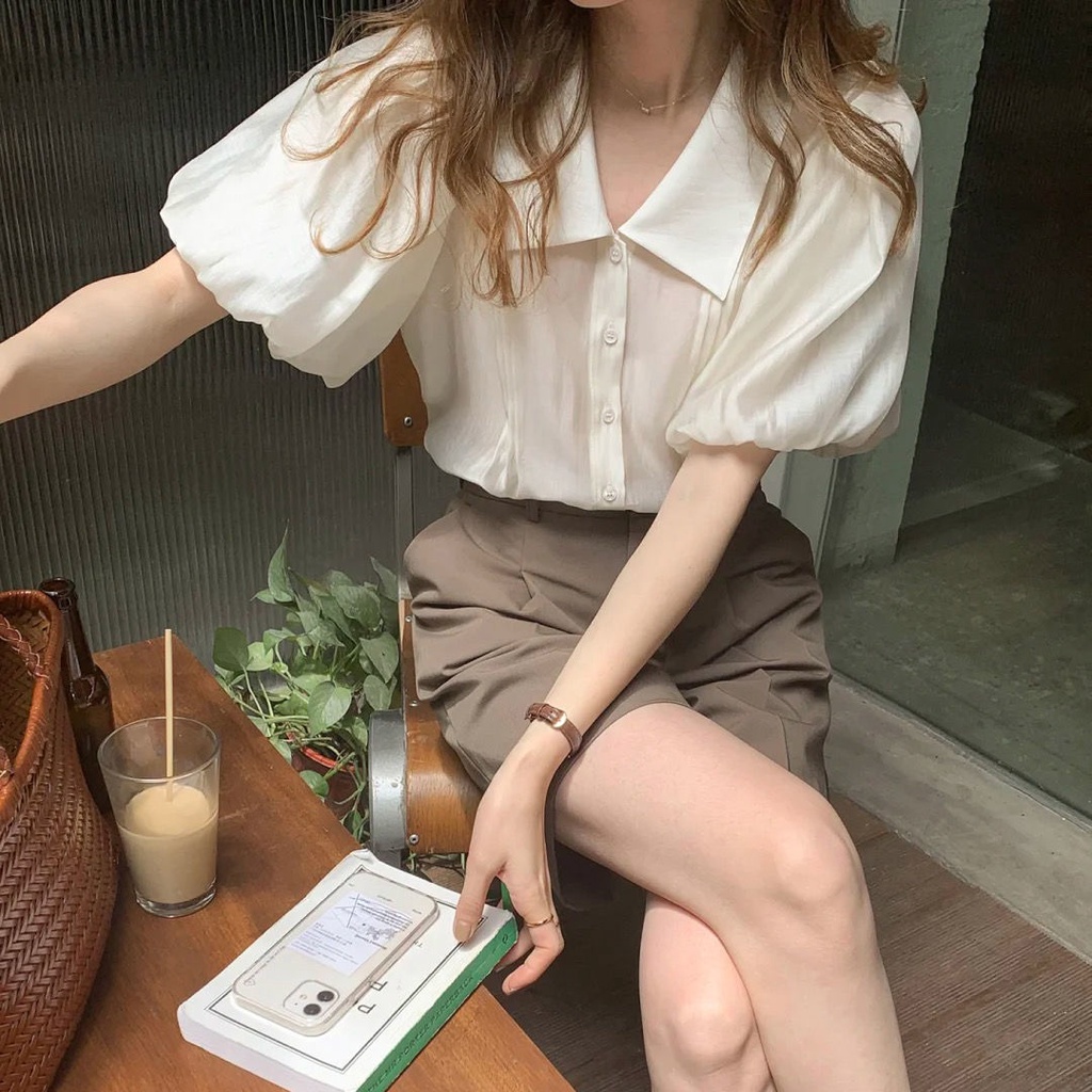 Set Áo Sơ Mi Tay Ngắn + Quần short Ống Rộng Phong Cách Hàn Quốc Cho Nữ