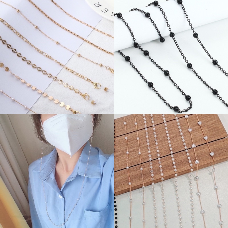 DÂY ĐEO KHẨU TRANG -  DÂY ĐEO MẮT KÍNH MINI CLEF - LÀM THÀNH VÒNG CỔ - DÂY XÍCH MẠ MÀU VÀNG PHỐI HẠT NGỌC