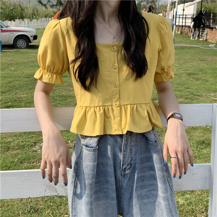 Women's French Square Neck Puff Sleeve Crop Tops Loose Fashion Summer Solid Short Sleeve Ruffles Blouse | BigBuy360 - bigbuy360.vn