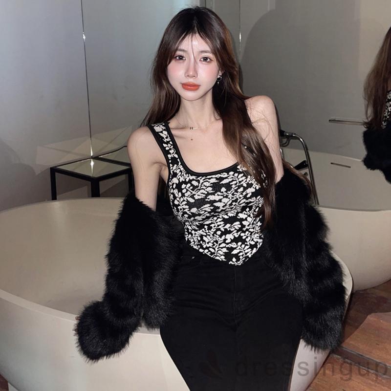 DRE-Women Slim-fit Knit Tank Tops, Sleeveless Contrast Color Floral Print U-shaped Neck Tank Tops