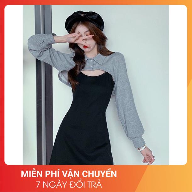 [LOẠI 1-FREESHIP] Set váy đen phối vạt sơ mi xám 24APRIL 🌸 chất len tăm mix nỉ siêu dày dặn 🌸 | BigBuy360 - bigbuy360.vn