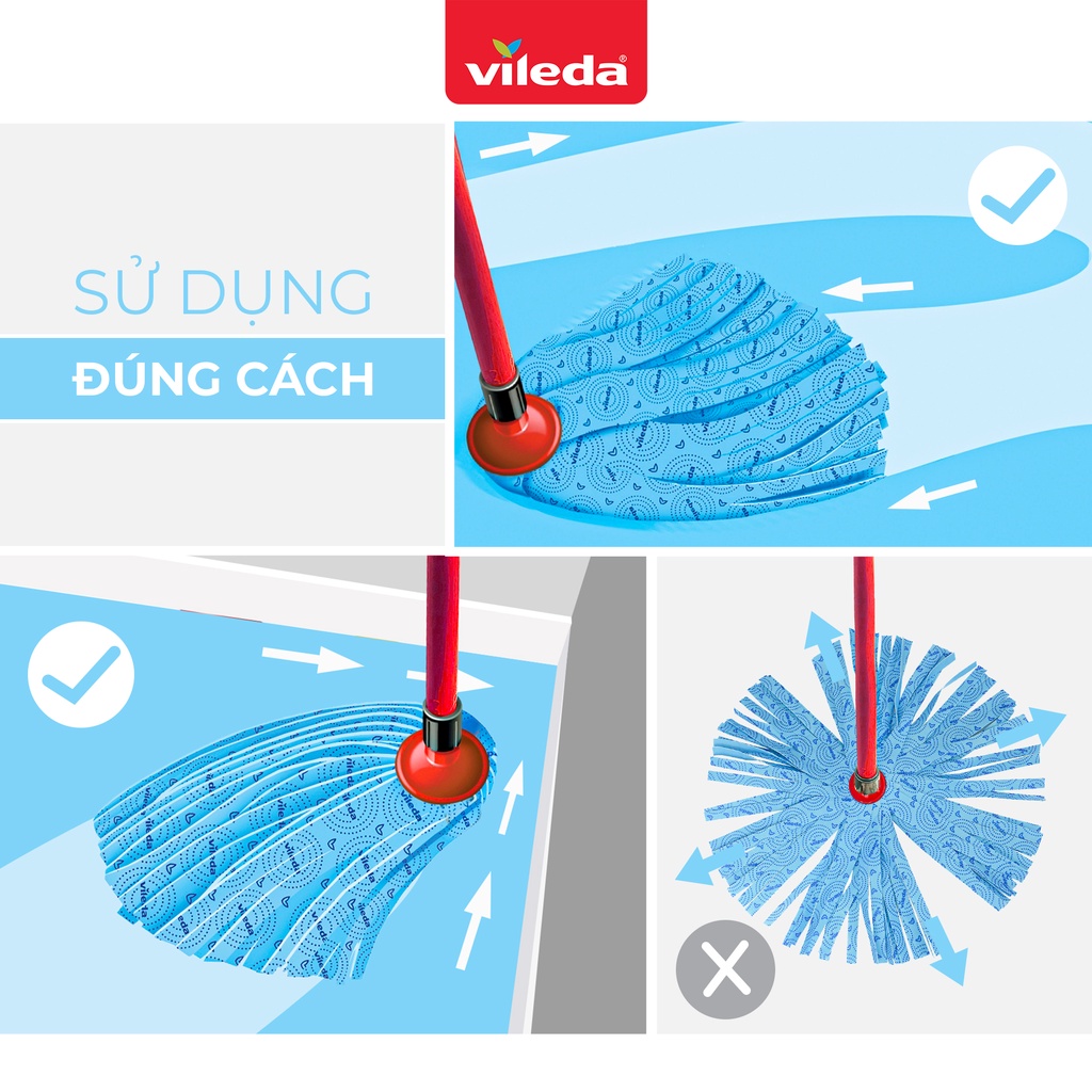 Cây lau nhà đa năng VILEDA Supermocio Wet mop vải sợi microfibre, siêu thấm dùng cho mọi loại sàn - TSU156306