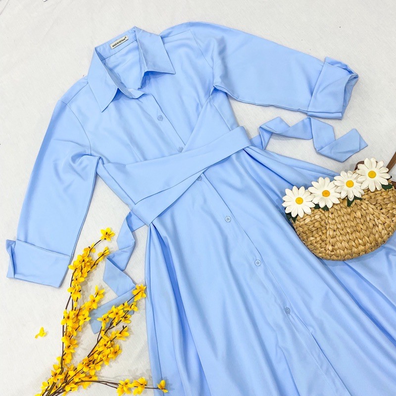 Đầm Váy Xanh Cột Chéo Eo