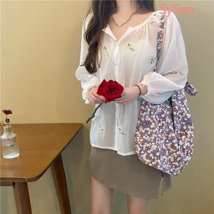 Plus Áo Sơ Mi Chiffon Chống Nắng Họa Tiết Hoa Phong Cách Pháp Cá Tính