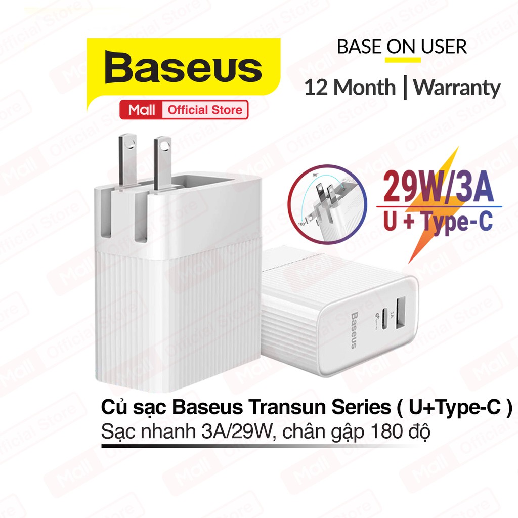 Củ sạc nhanh Baseus Transun Series Type-C PD3.0 + USB Quick charger cho Smartphone/ Tablet/ Macbook..., chân gập 180 độ