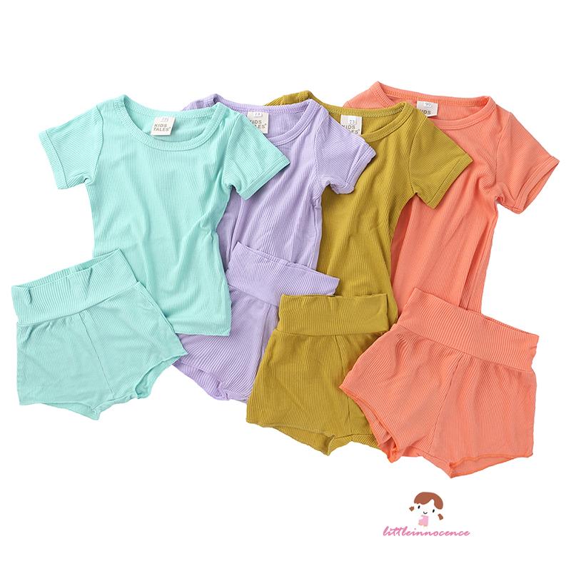 Set Áo Thun Ngắn Tay Cổ Tròn + Quần Dài Lưng Cao Cho Bé Trai Và Bé Gái Từ 1-4 Tuổi