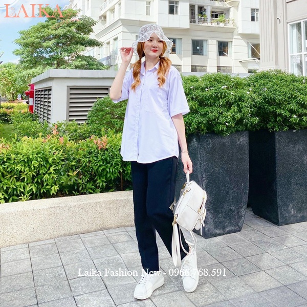 Áo sơ mi trắng đi học form rộng tay lỡ có túi cổ bẻ V kiểu áo sơ mi học sinh rộng tay ngắn màu trắng xanh đi học vải mát