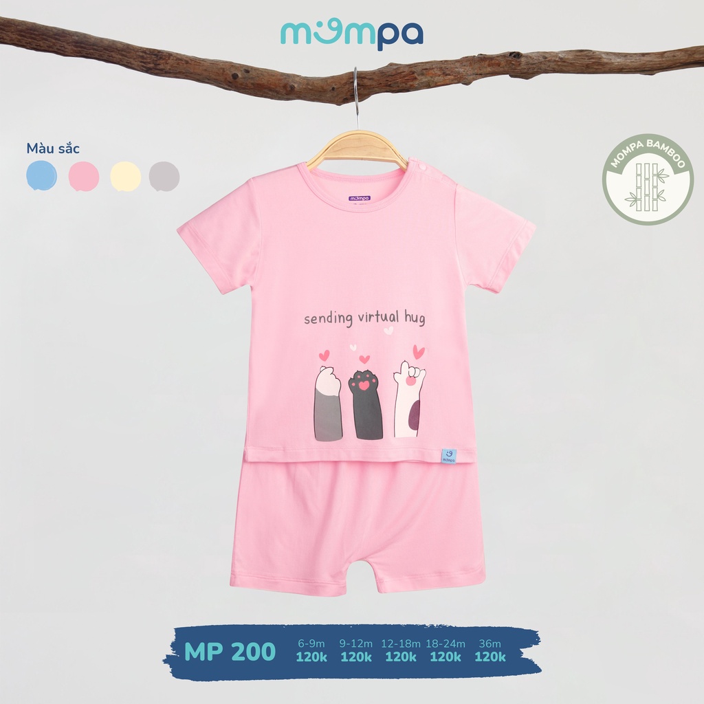 Bộ cộc tay cho bé Mompa cúc cài vai vải bamboo 4 màu cho bé từ 6-36 tháng tuổi MP 200