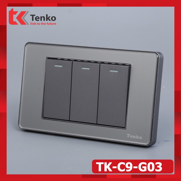 Công Tắc 3 Nút Âm Tường – Mặt PVC Trong Bo Viền Xám - Chống Xước, Chống Bạc Màu Tenko TK-C9-G003