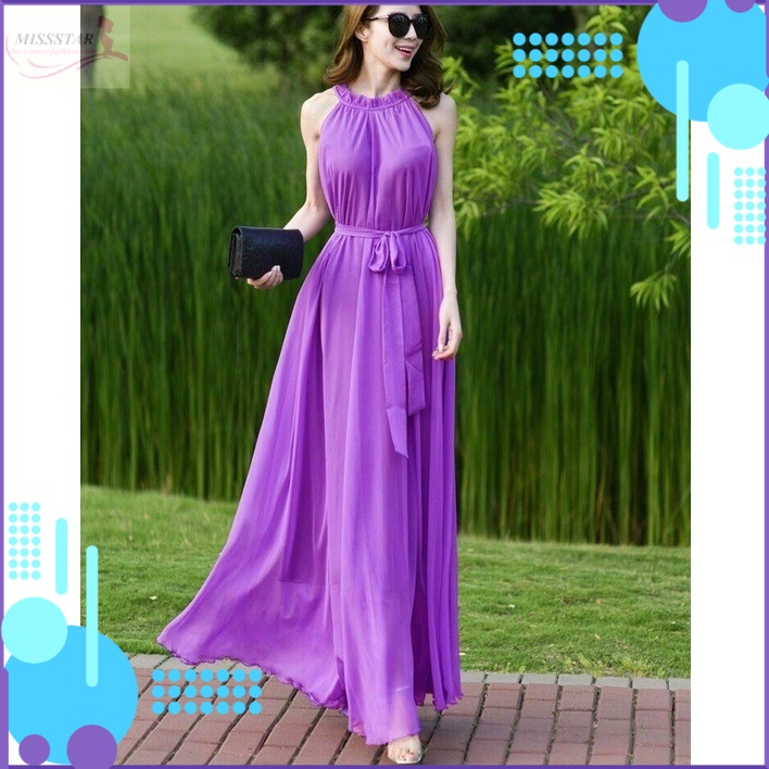 Đầm Maxi Tím Dáng Suông Cổ Yếm Thắt Dây Eo Sang Trọng, Trẻ Trung, Quyến Rũ, Chất Chiffon Lót Thun Dày Mềm Mịn, Mát, Bền