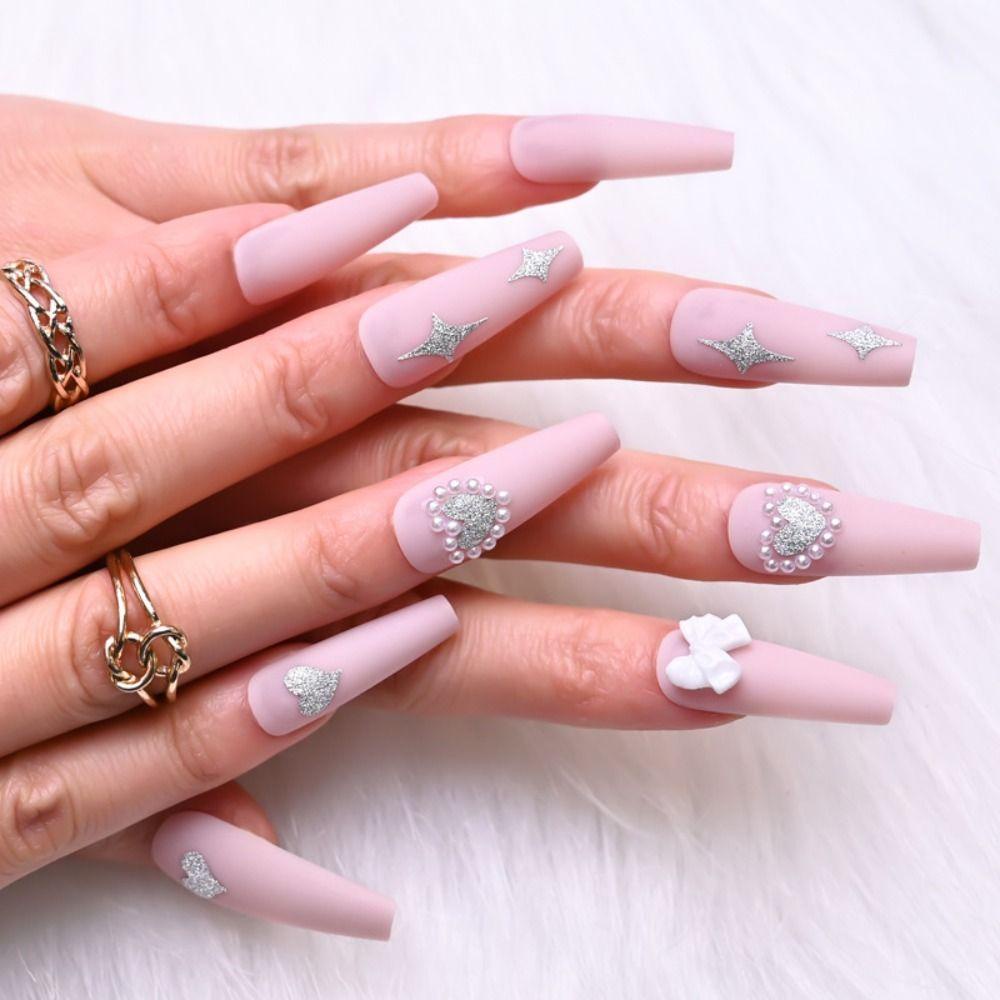 ESPO Bộ 24 Móng Tay Giả Dạng Nhấn Bằng Kim Loại Che Phủ Toàn Diện Họa Tiết Chim Công / Trái Tim /