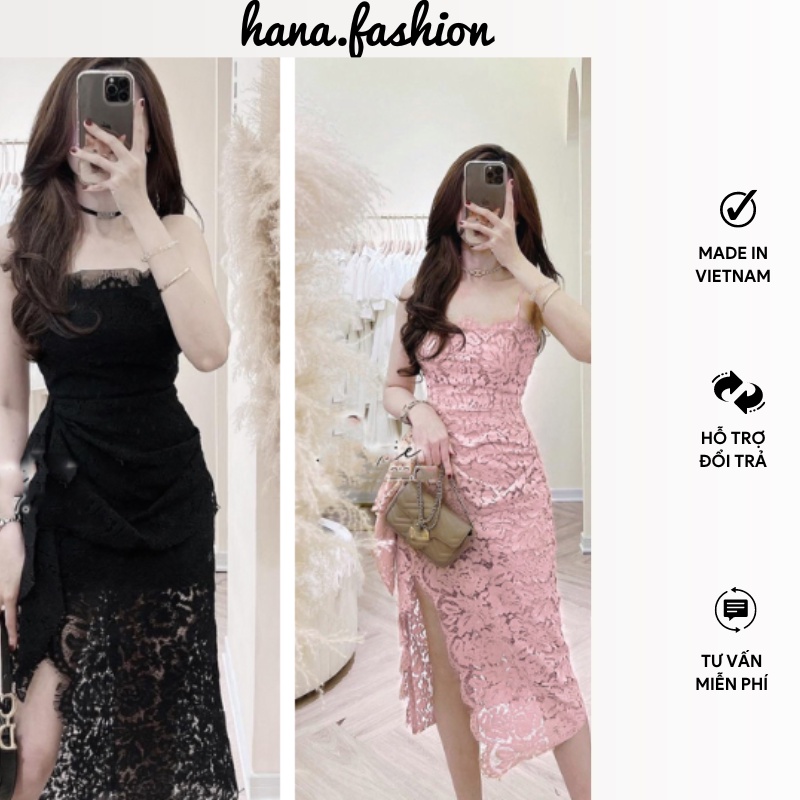 Đầm đi tiệc 2 dây váy nữ dáng dài xẻ đùi chất ren sang chảnh sexy phù hợp đi tiệc đi đám cưới đi chơi dạo phố