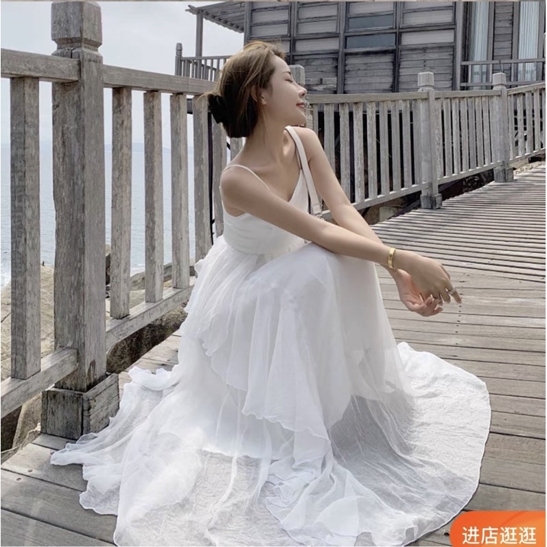 Đầm maxi hai dây trắng xoè nhiều lớp bồng bềnh đi biển du lịch/ Váy trắng hở lưng voan mềm phong cách vintage
