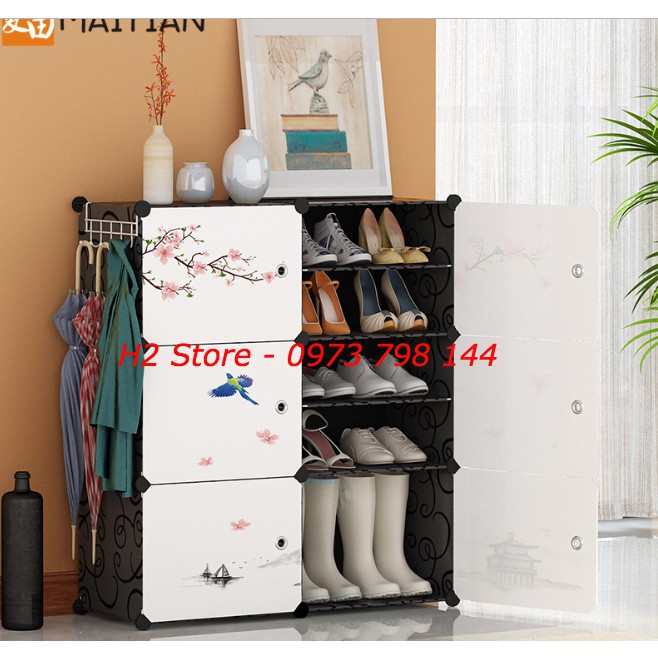 [ĐỂ ĐƯỢC 24 ĐÔI] - TỦ CHIA Ô 12 NGĂN ĐỂ GIÀY DÉP ĐA NĂNG CỬA TRẮNG HÌNH HOA ANH ĐÀO SIÊU ĐẸP