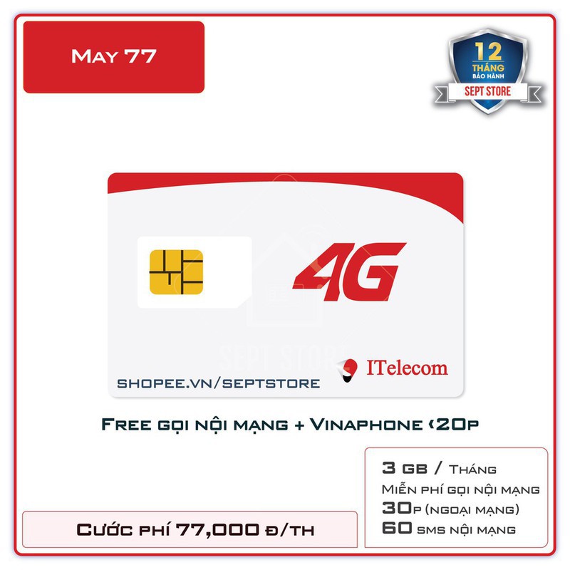 Sim Itelecom mạng sim 4G Vinaphone gói 3GB/ngày  + 30 phút gọi ngoại mạng + Miễn phí gọi nội mạng
