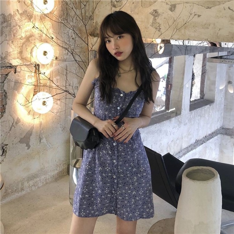 Đầm hai dây in hoa màu tím phong cách Hàn Quốc thời trang mùa hè dành cho nữ