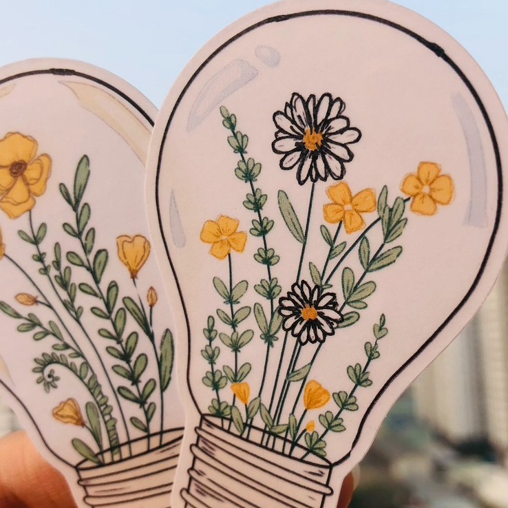 Bộ 2 Sticker /decal dán Flowers in Light-Bulb - aesthetic / Sticker trang trí sổ,Sticker chống nước-tiemtaphoacona