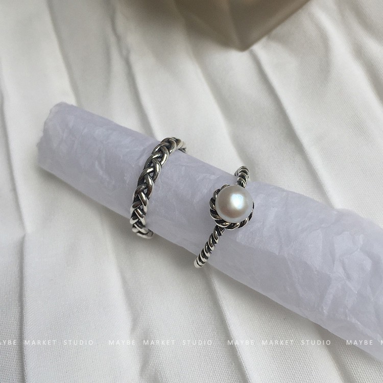 Set 2 nhẫn họa tiết bện đính ngọc trai phong cách Retro Hàn Quốc B15