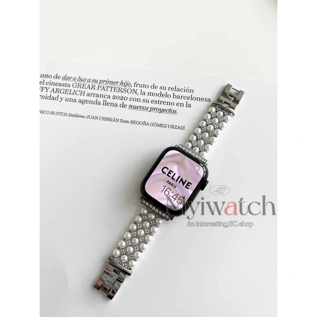 Dây Đeo Đồng Hồ Bằng Kim Loại Đính Đá Và Ngọc Trai Sang Trọng Cho Apple watch serise 7 6 5 4 SE 3 2 1 45mm 41mm 40mm 44mm 42mm 38mm