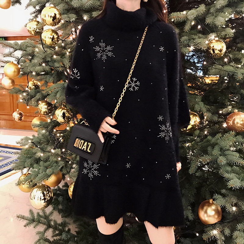 🎄Merry Christmas🎄 Đầm dệt kim cổ lọ dáng suông dài qua gối thời trang thu đông cho nữ
