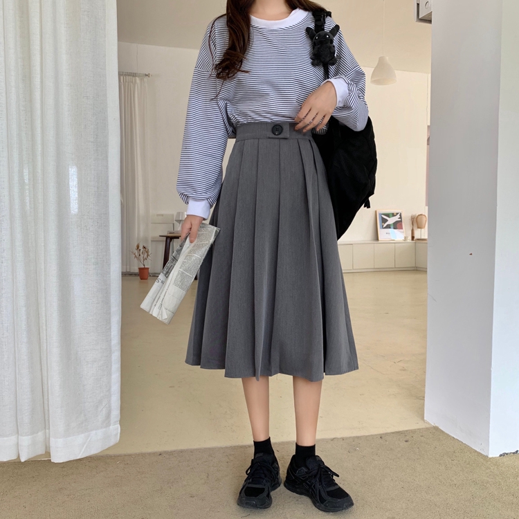 SUXI Chân váy dài lưng cao phong cách retro