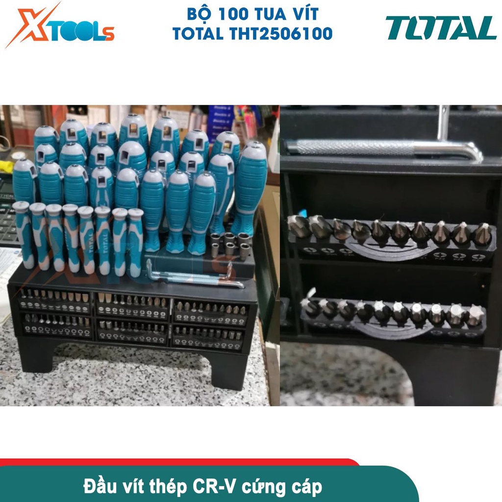Bộ 100 tua vít TOTAL THT2506100 thép Cr-v cứng chống tòe, 6 kiểu đầu vít, đầy đủ kích thước [CHÍNH HÃNG][XTOOLS]